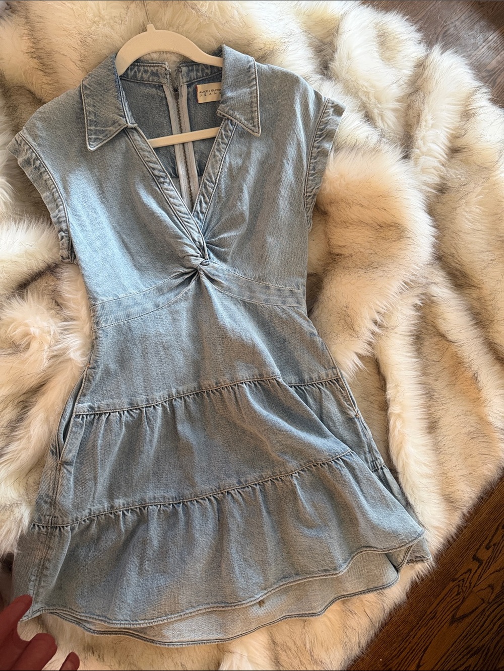 Alice + Olivia Light Blue Denim Twist-Front Tiered Mini Dress